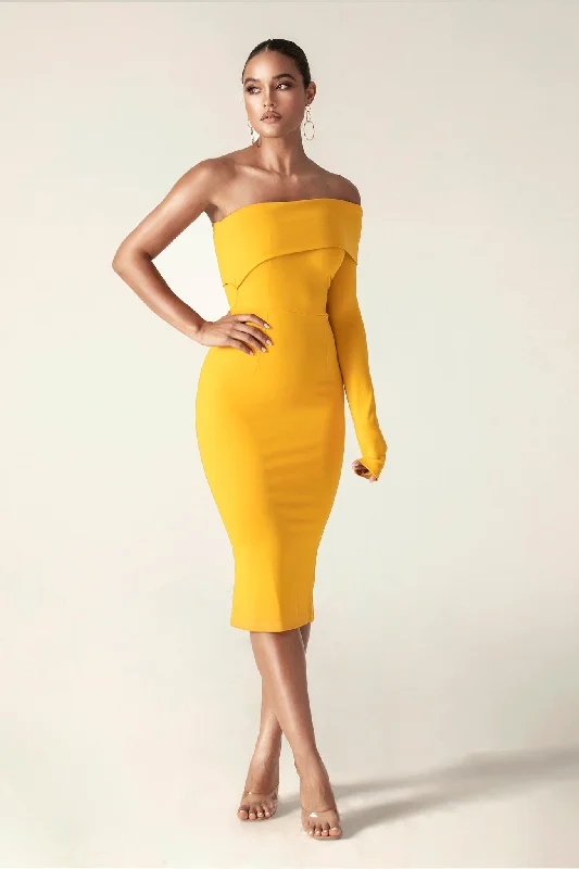 Ball Gown Women Dress with a Full Skirt for a Princess - like LookRita One Shoulder Dress (Mustard Yellow)