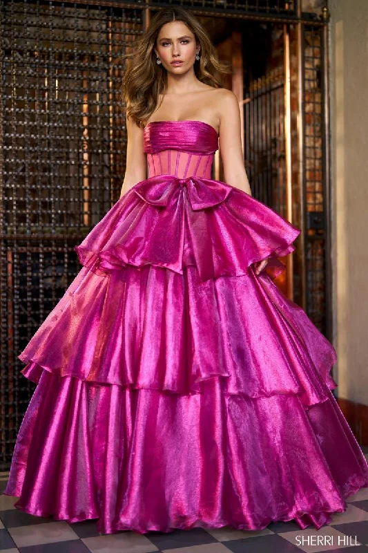 Backless Women Dress for a Sexy and Alluring Look at Evening EventsSherri Hill Sheer Corset Ruffle Ballgown 56767