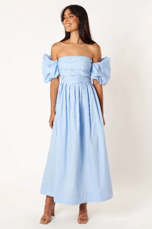 Wrap - Style Women Dress with Adjustable Fit for All Body TypesSolana Off Shoulder Midi Dress - Blue