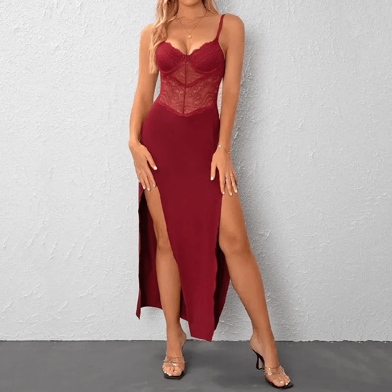 Sheath Women Dress with a Tailored Fit for a Professional LookKittenAlarm - Stella Spaghetti Strap Plain Slit Panel Lace Maxi Dress