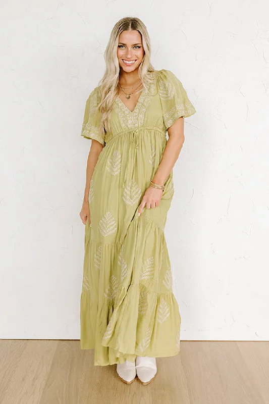 Off - the - Shoulder Women Dress for a Romantic and Feminine LookVenice Stroll Embroidered Maxi Dress in Chartreuse