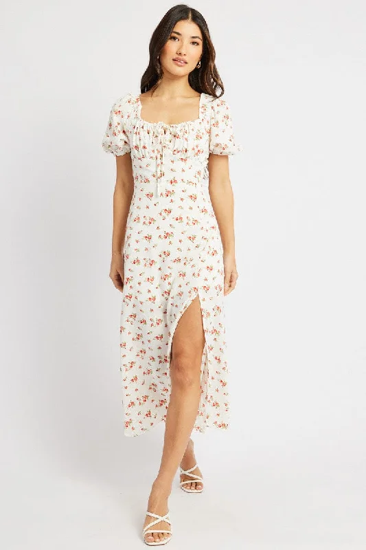 Printed Abstract Women Dress for a Modern and Artistic AppealWhite Ditsy Midi Dress Short Sleeve Side Split