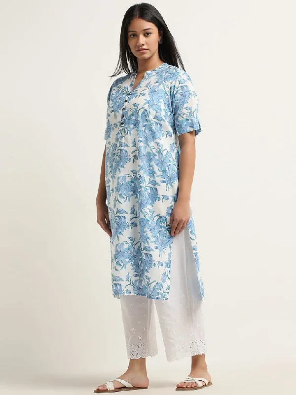 Cuffed Women Shorts for a Laid - Back and Trendy LookDiza Blue Floral Printed Straight Kurta