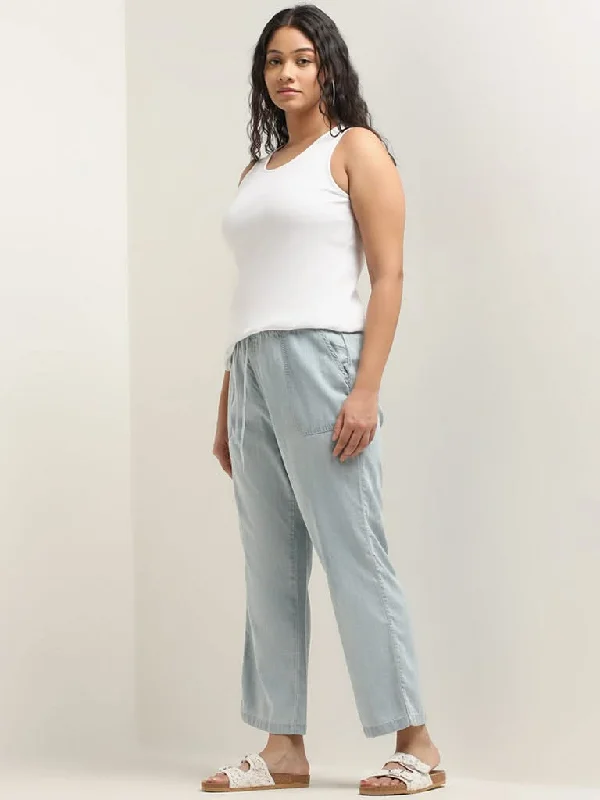 Linen Women Shorts for Breathable Comfort in Hot WeatherGia Light Blue Chambray High-Rise Straight Fit Pants