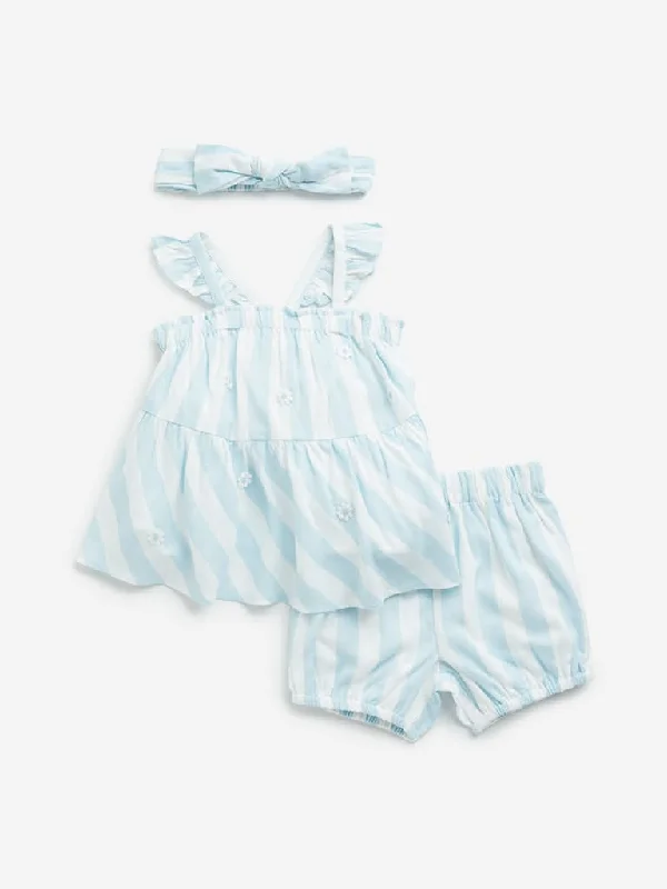 Jeanette Women Shorts with a Soft and Comfortable FeelHOP Baby Light Blue Striped Top, Shorts and Headband Set