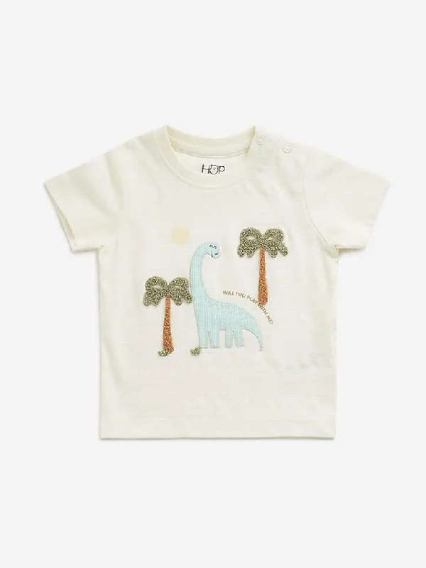 Denim Women Shorts with Distressed Details for a Casual VibeHOP Baby Off-White Dinosaur Printed T-Shirt