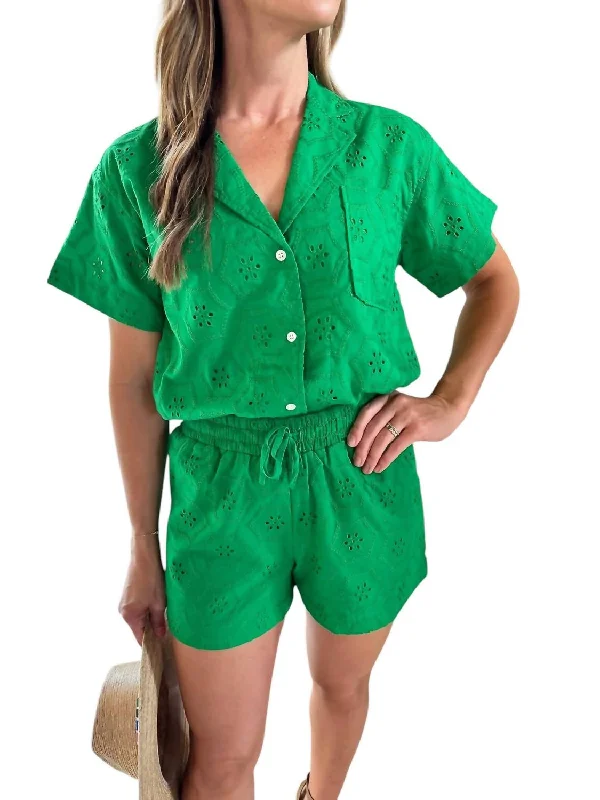 Elastic Waist Women Shorts for Easy Wear and ComfortKonnie Eyelet Pull Up Short In Fern Green