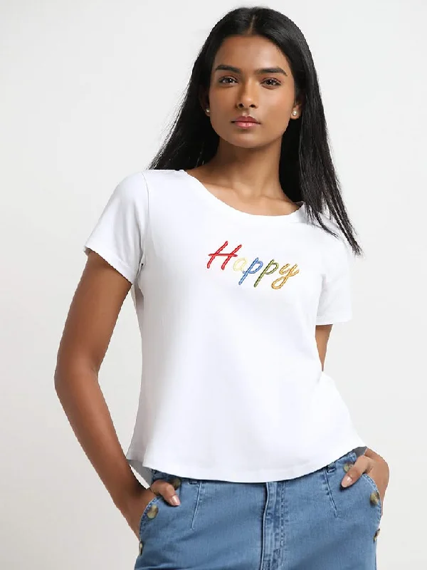 Embroidered Women Shorts with Intricate DesignsLOV White Text Embroidered T-Shirt