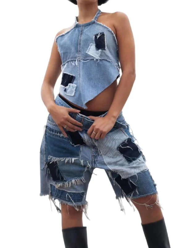 Cuffed Women Shorts for a Laid - Back and Trendy LookPatch Denim Shorts In Blue