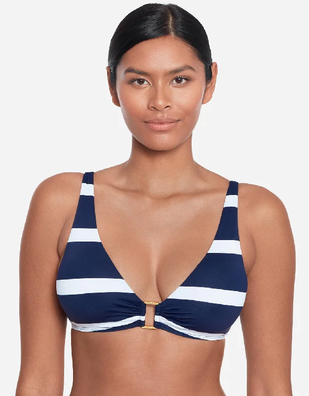 One - piece women swimwear with cut - outs for a stylish and modern appealMariner Stripe Ring OTS Bikini Top - Navy and White