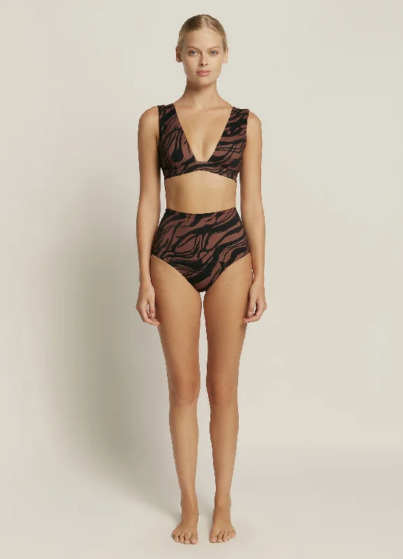 Ruched women swimwear with fabric gathers for a slimming effectNomade Plunge Top - Burnt Clay/Black