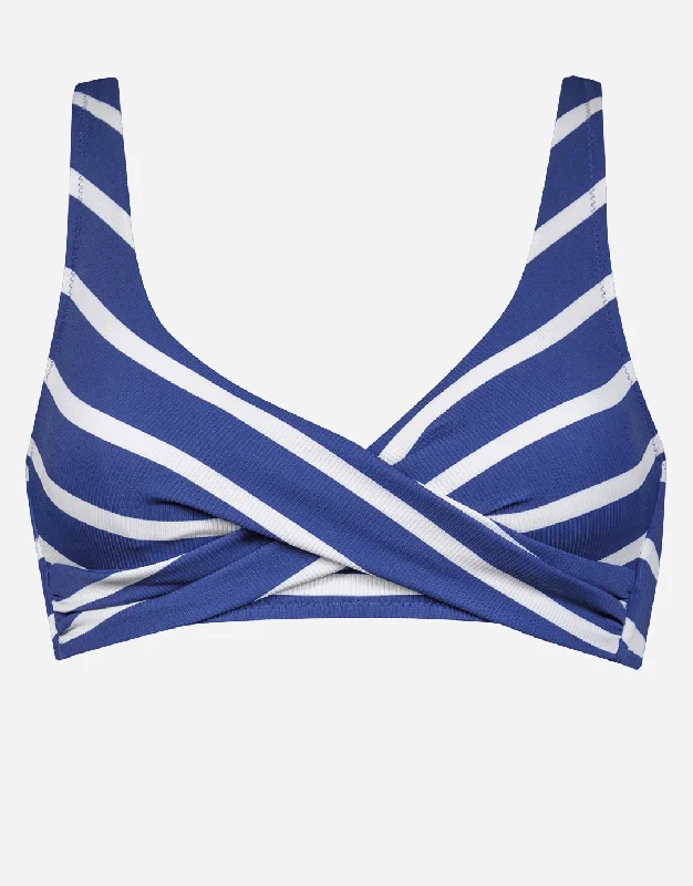 Striped women swimwear with a classic pattern for a timeless beach lookSea Ride Twist Front Bikini Top - White Indigo